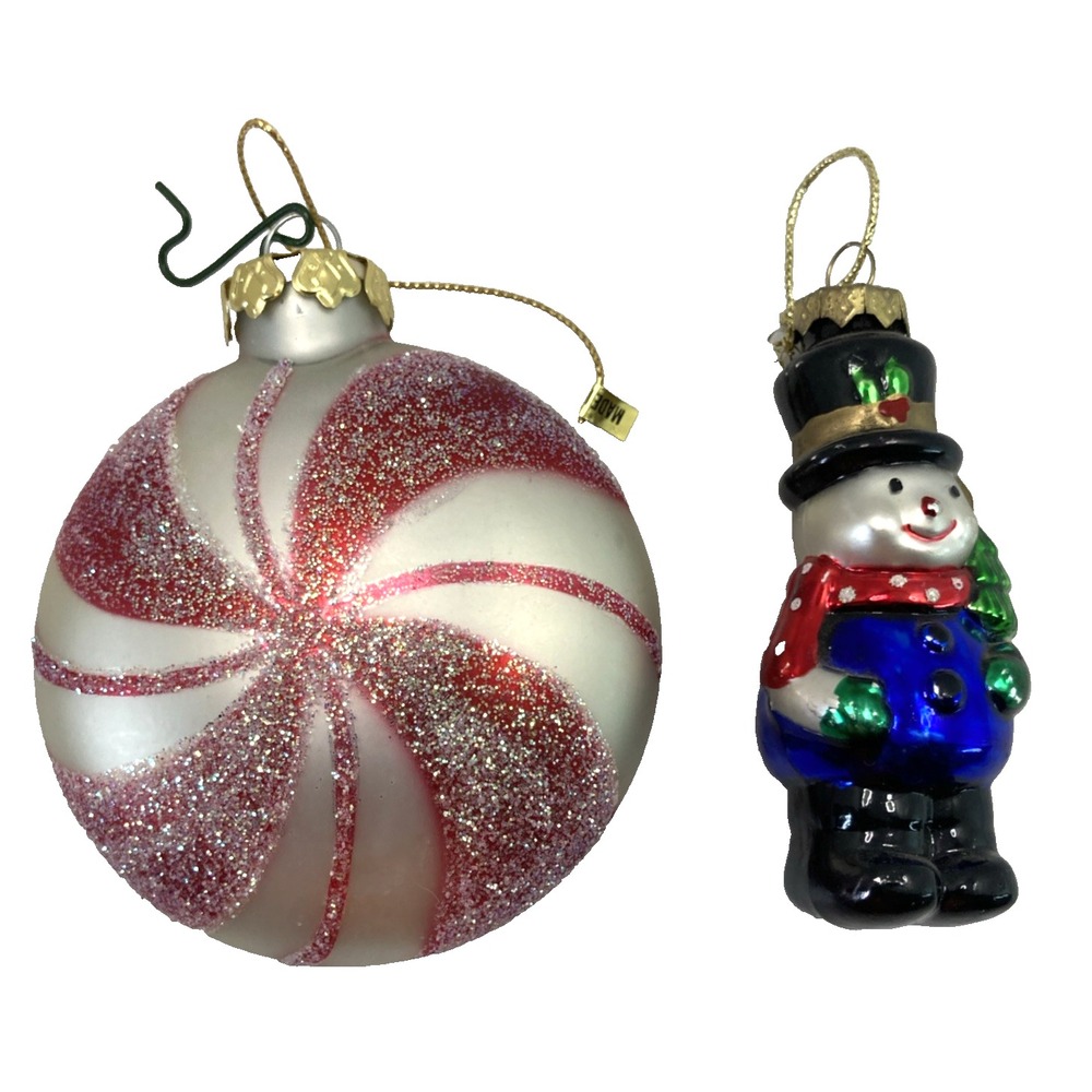 2 Vintage‎ Frosted Glass Blown Snowman Ornaments Peppermint Candy & Snowman "YY"